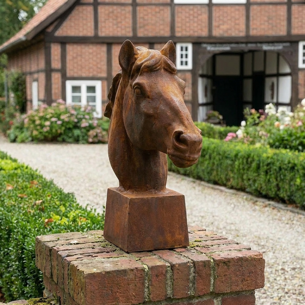 Skulptur Pferdekopf XL, eindrucksvoll, Lebensgröße, Mauerkrone Pferd Rostoptik*