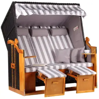 Strandkorb Baltic Dreisitzer PE schwarz Dessin Grau Weiss*