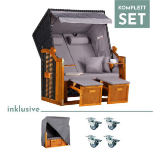 Strandkorb Baltic PE schwarz Dessin Uni Grau-SET*